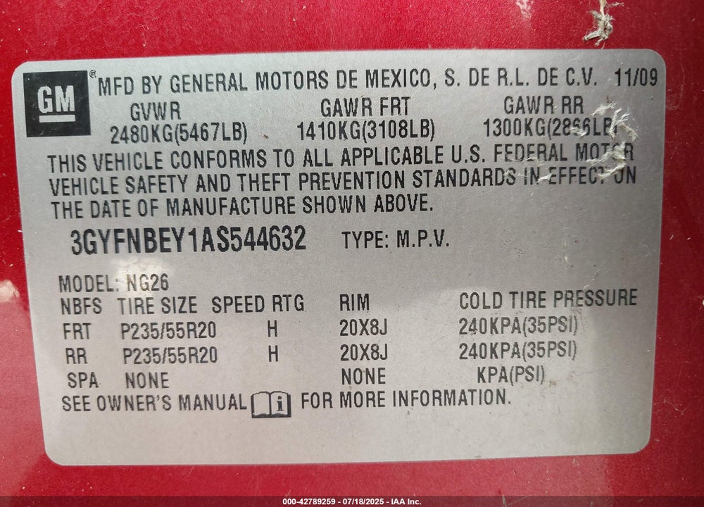 2010 CADILLAC SRX VIN: 3GYFNBEY1AS544632