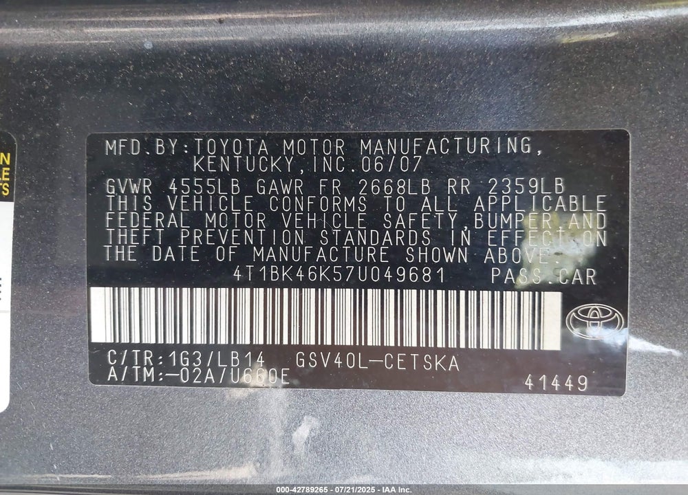 2007 TOYOTA CAMRY SE V6 VIN: 4T1BK46K57U049681