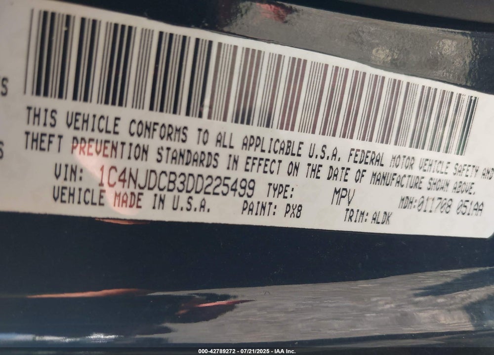 2013 JEEP COMPASS VIN: 1C4NJDCB3DD225499