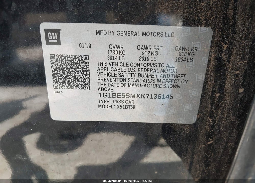 2019 CHEVROLET CRUZE VIN: 1G1BE5SMXK7136145