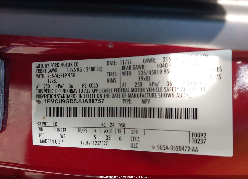 2018 FORD ESCAPE VIN: 1FMCU9GD5JUA88757