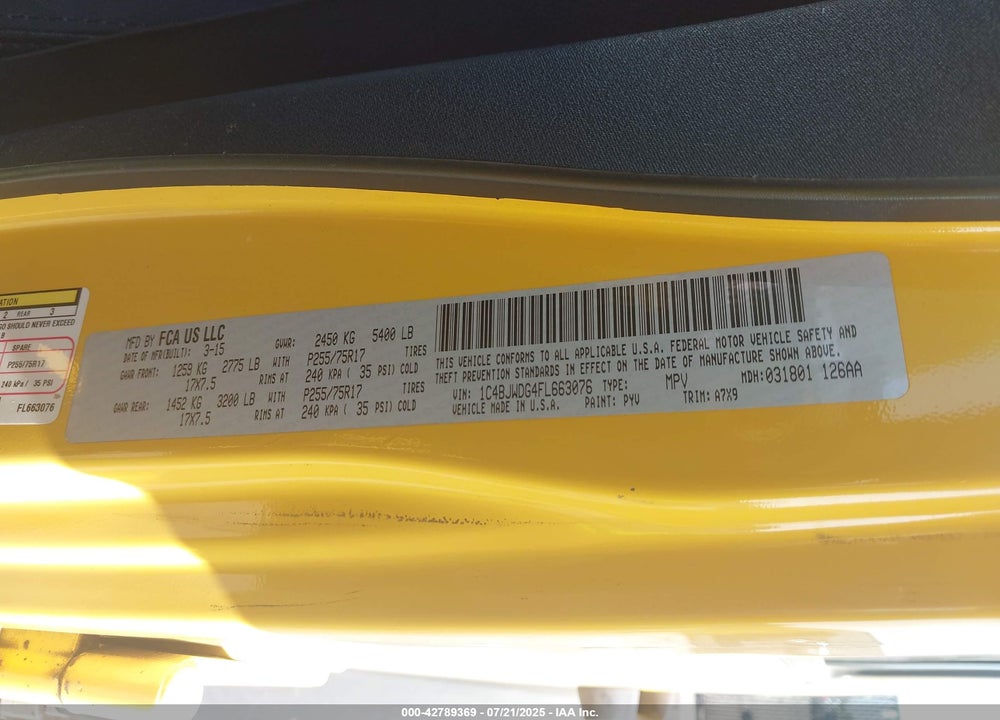 2015 JEEP WRANGLER UNLIMITED VIN: 1C4BJWDG4FL663076