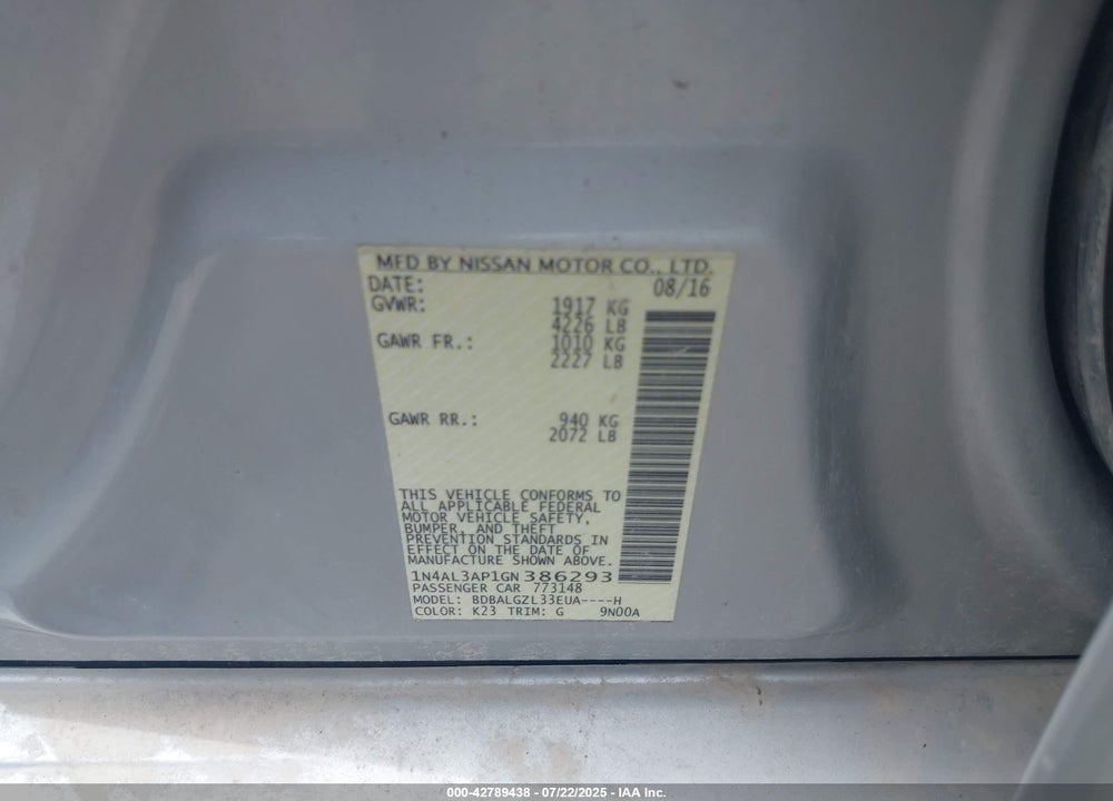 2016 NISSAN ALTIMA VIN: 1N4AL3AP1GN386293