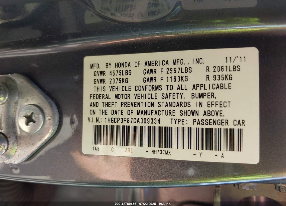 2012 HONDA ACCORD VIN: 1HGCP3F87CA009334