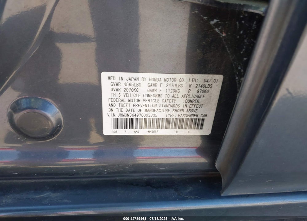 2007 HONDA ACCORD VIN: JHMCN36497C003335