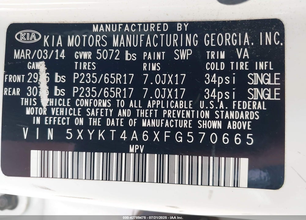 2015 KIA SORENTO VIN: 5XYKT4A6XFG570665