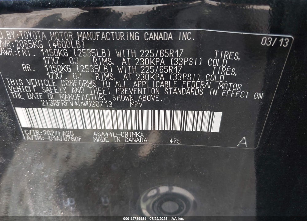 2013 TOYOTA RAV4 VIN: 2T3RFREV4DW020719