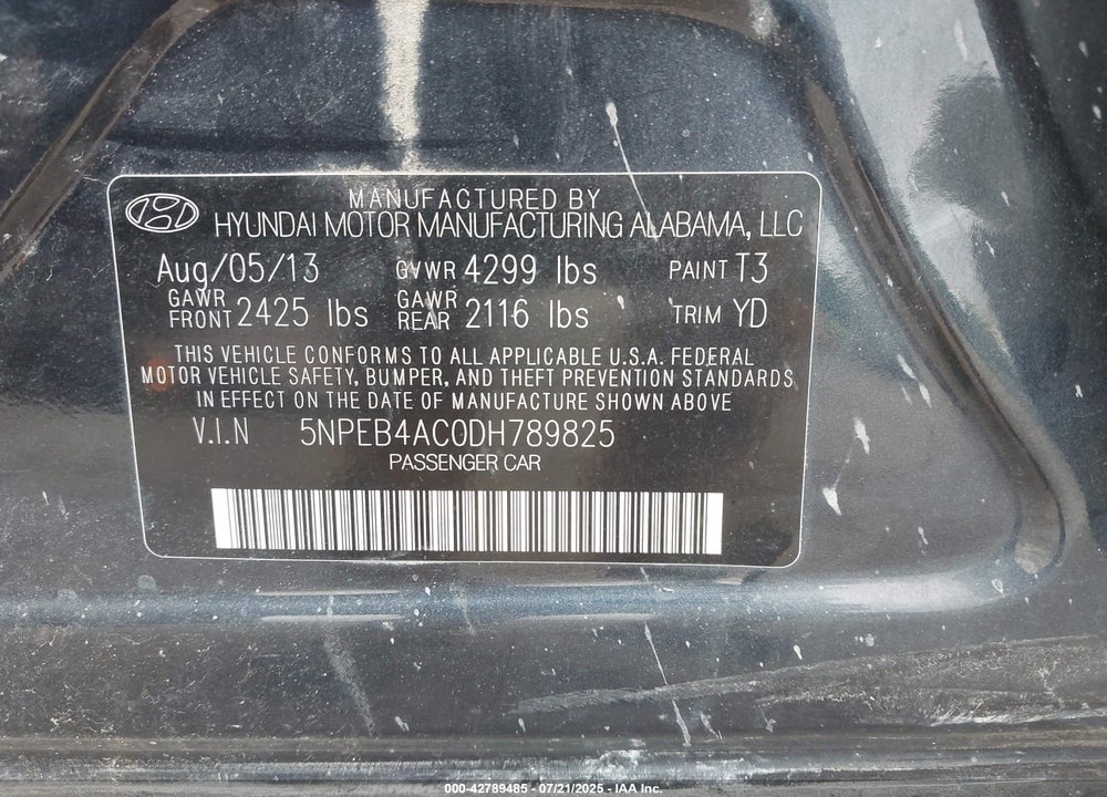 2013 HYUNDAI SONATA GLS VIN: 5NPEB4AC0DH789825