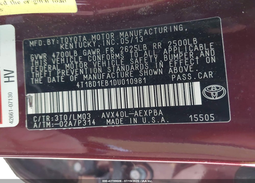 2013 TOYOTA AVALON HYBRID VIN: 4T1BD1EB1DU010981