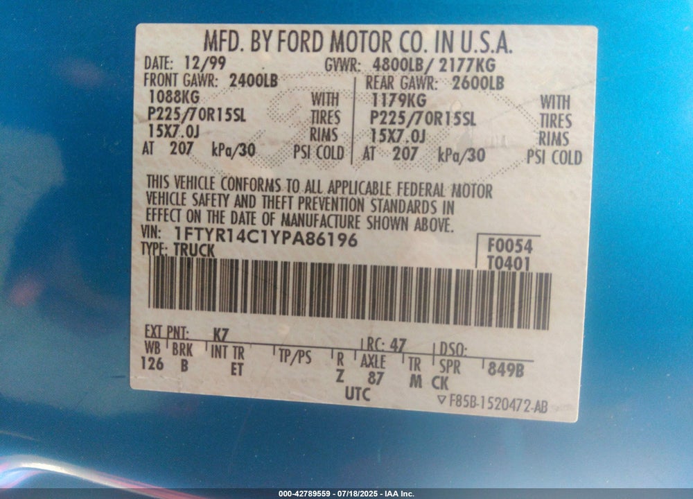 2000 FORD RANGER XL/XLT VIN: 1FTYR14C1YPA86196