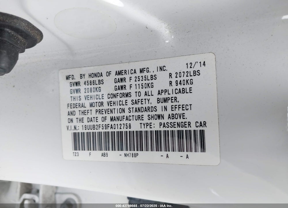 2015 ACURA TLX VIN: 19UUB2F59FA012758