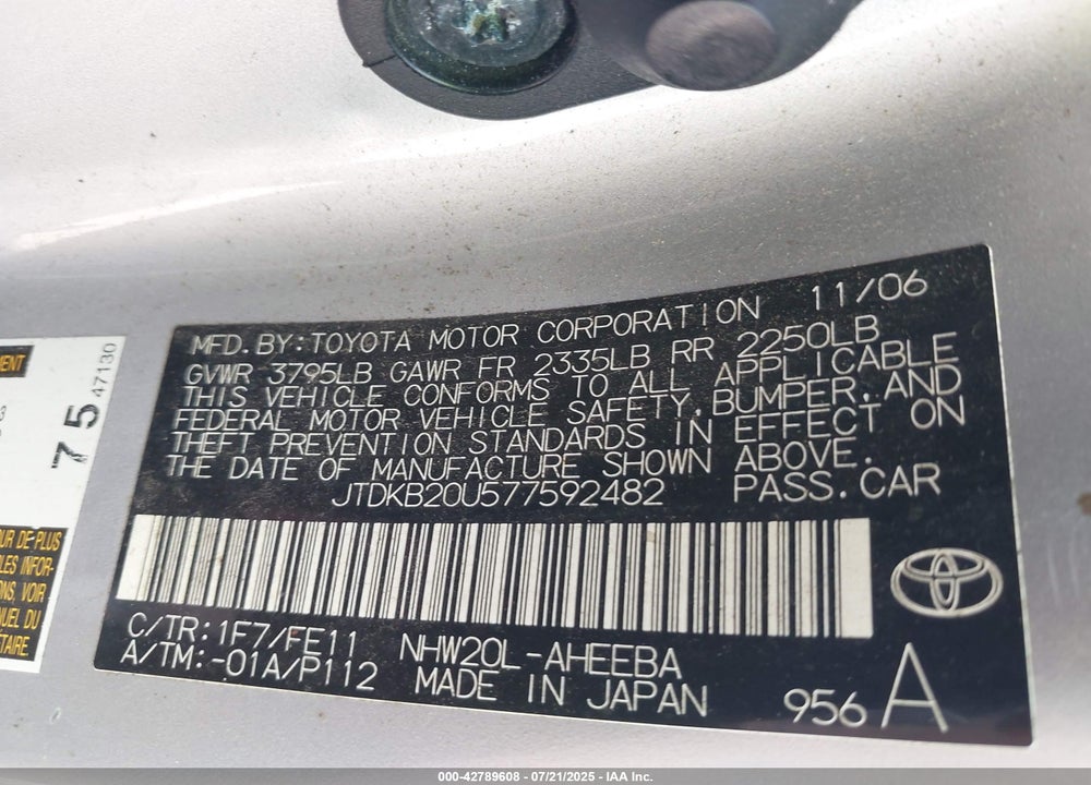 2007 TOYOTA PRIUS VIN: JTDKB20U577592482