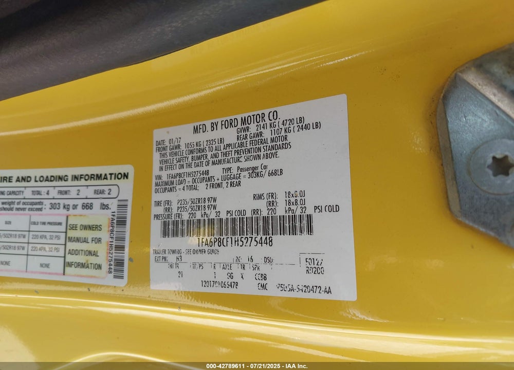 2017 FORD MUSTANG VIN: 1FA6P8CF1H5275448