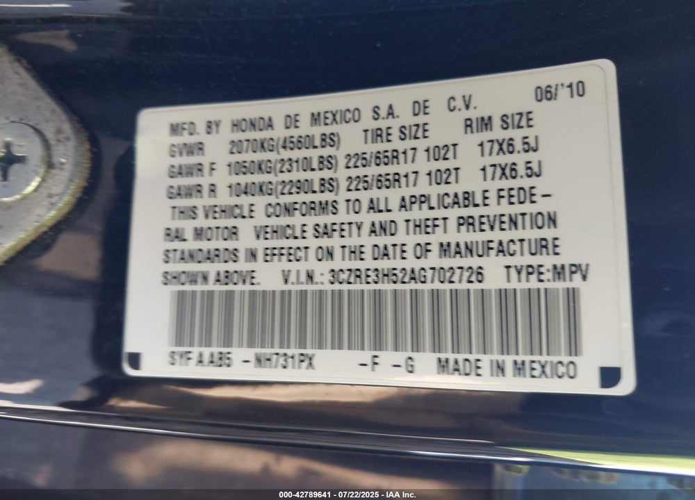 2010 HONDA CR-V VIN: 3CZRE3H52AG702726