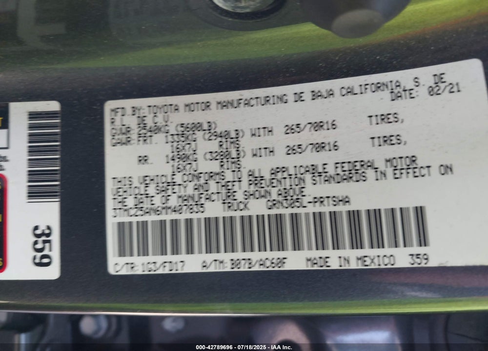 2021 TOYOTA TACOMA TRD OFF ROAD VIN: 3TMCZ5AN6MM407835