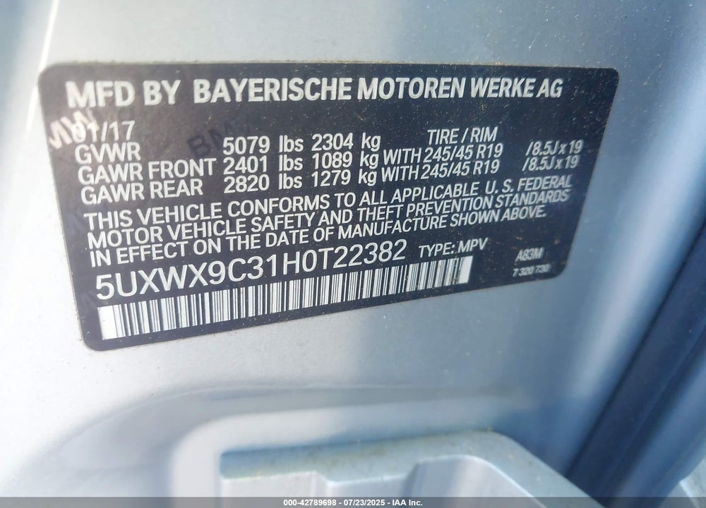 2017 BMW X3 VIN: 5UXWX9C31H0T22382