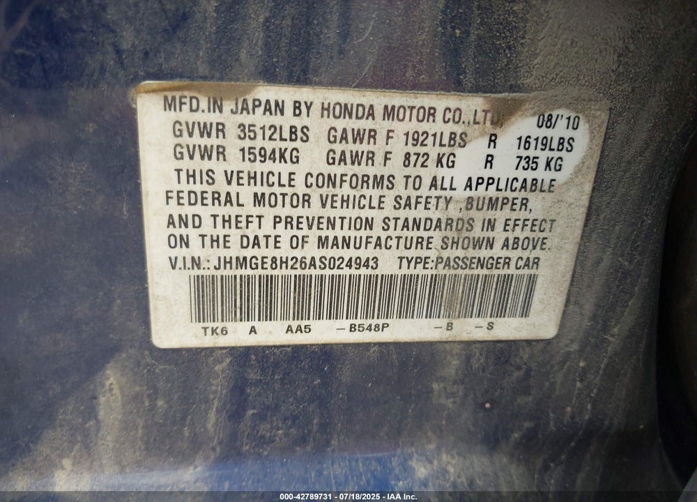 2010 HONDA FIT VIN: JHMGE8H26AS024943
