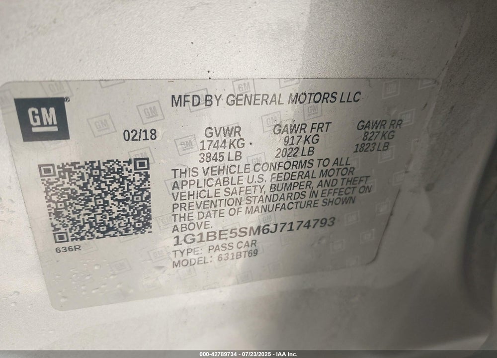 2018 CHEVROLET CRUZE VIN: 1G1BE5SM6J7174793