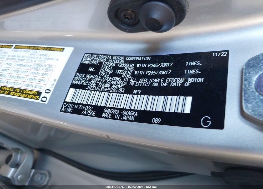 2023 TOYOTA 4RUNNER VIN: JTEEU5JR6P5285784