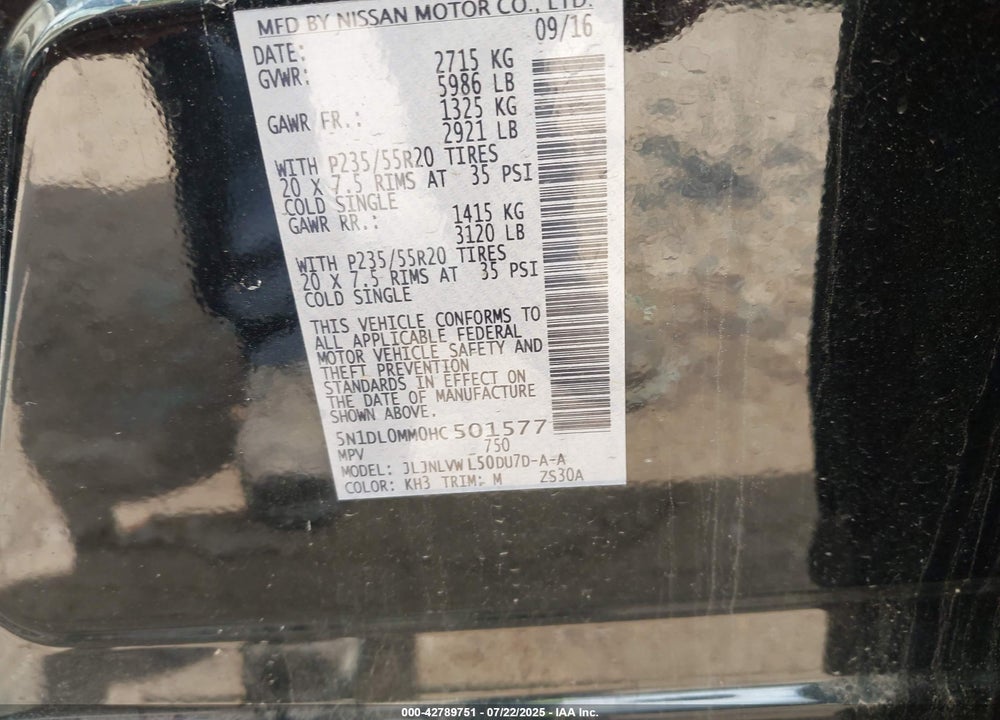 2017 INFINITI QX60 VIN: 5N1DL0MM0HC501577