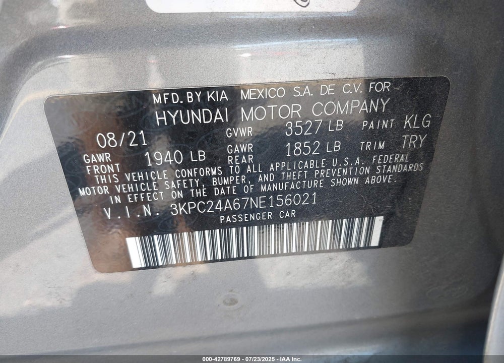 2022 HYUNDAI ACCENT VIN: 3KPC24A67NE156021