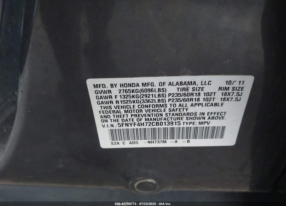 2012 HONDA PILOT VIN: 5FNYF4H72CB013915