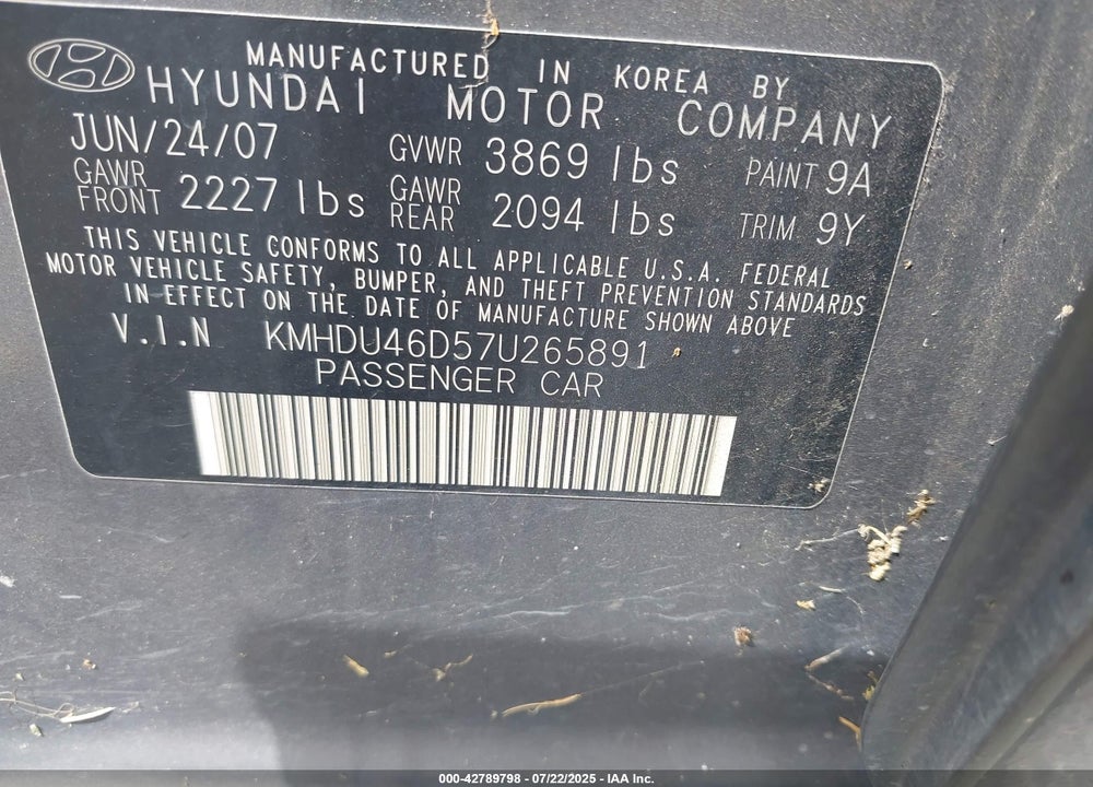 2007 HYUNDAI ELANTRA VIN: KMHDU46D57U265891