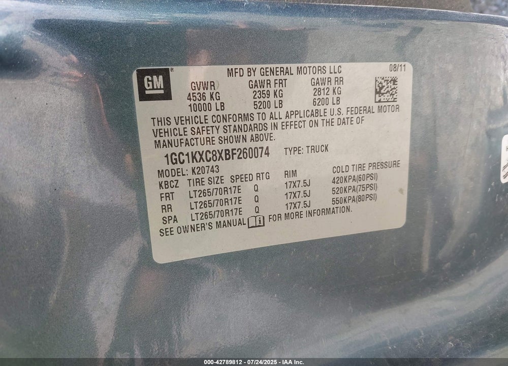 2011 CHEVROLET SILVERADO 2500 VIN: 1GC1KXC8XBF260074