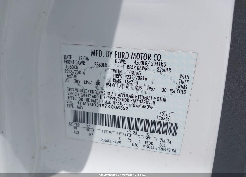 2007 FORD ESCAPE XLT/XLT SPORT VIN: 1FMYU03157KC05352