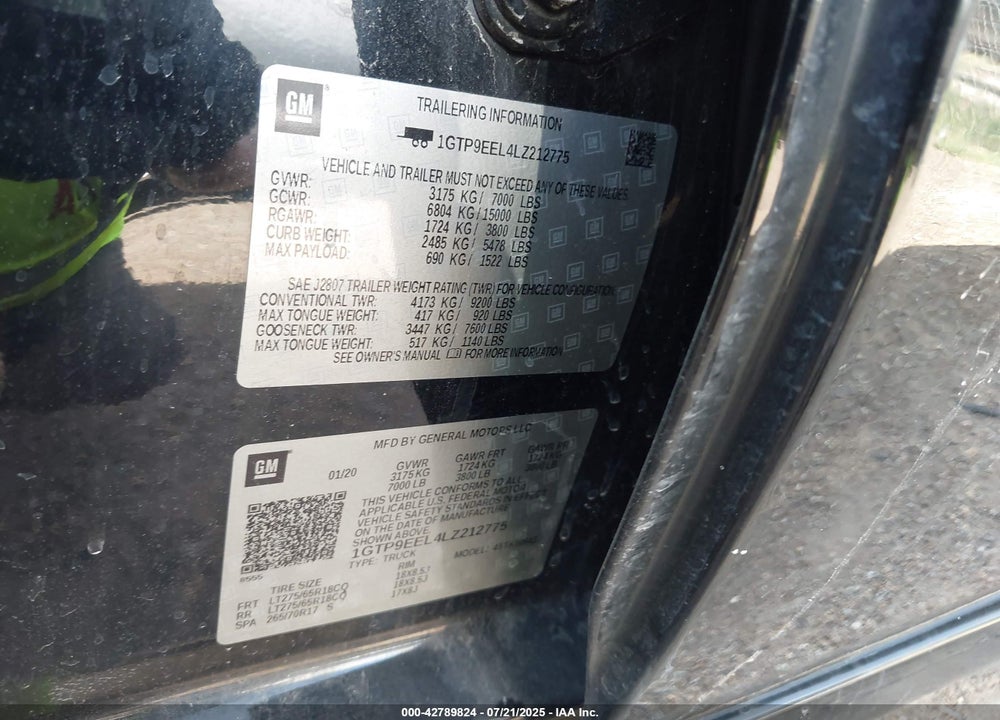 2020 GMC SIERRA 1500 VIN: 1GTP9EEL4LZ212775