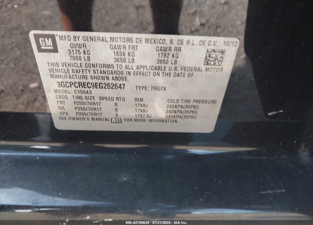 2014 CHEVROLET SILVERADO 1500 VIN: 3GCPCREC9EG262647