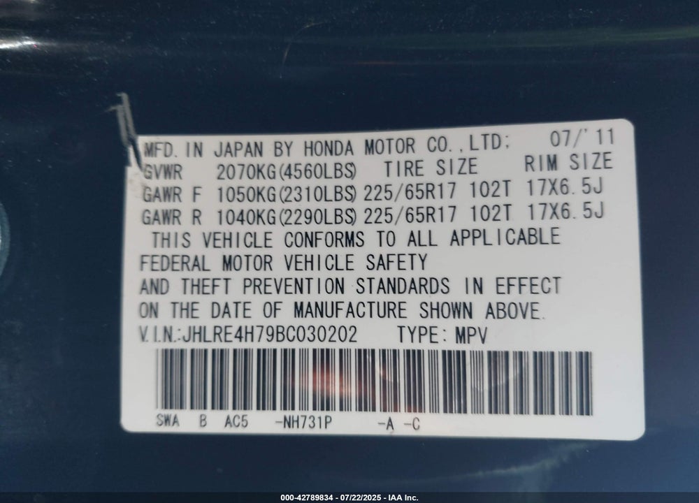 2011 HONDA CR-V VIN: JHLRE4H79BC030202