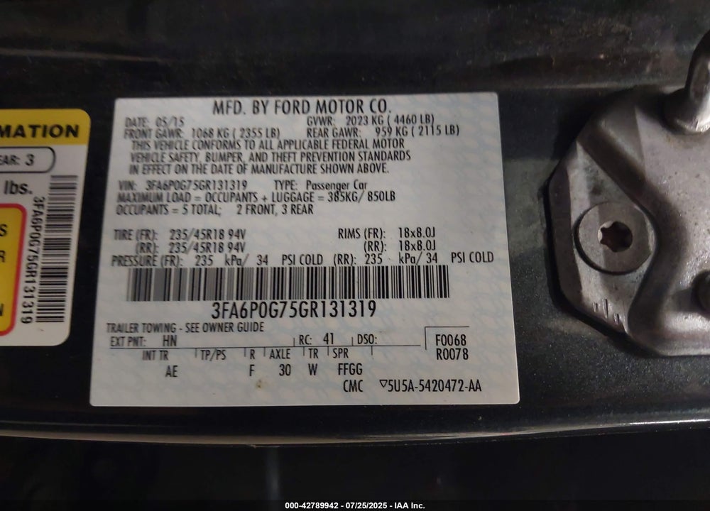 2016 FORD FUSION VIN: 3FA6P0G75GR131319
