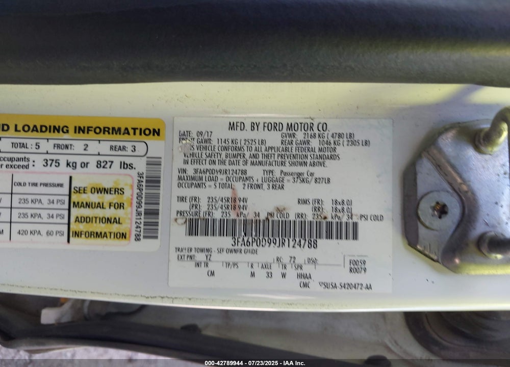 2018 FORD FUSION VIN: 3FA6P0D99JR124788