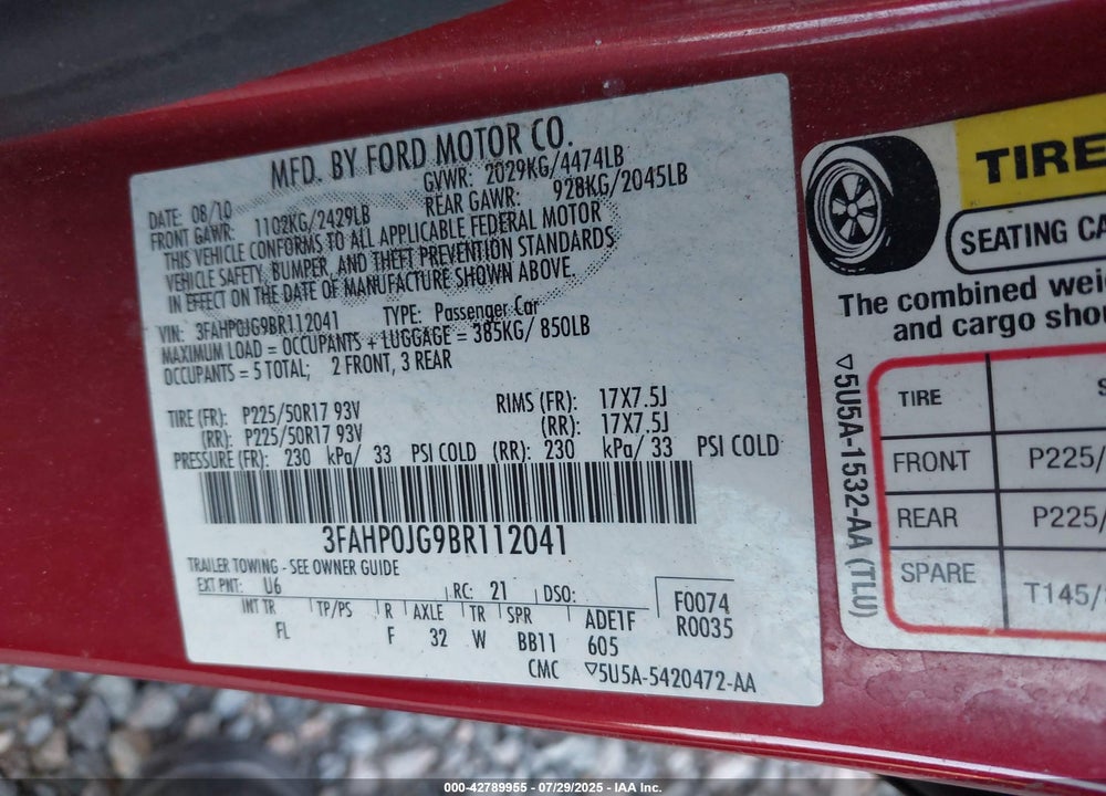 2011 FORD FUSION VIN: 3FAHP0JG9BR112041