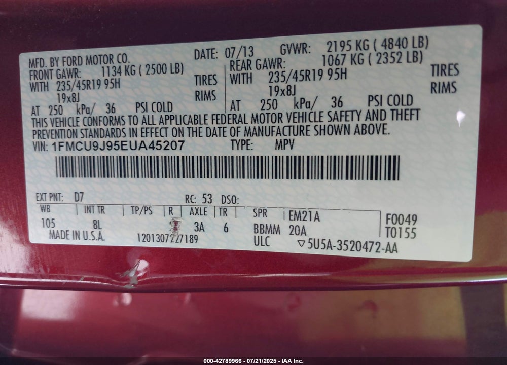 2014 FORD ESCAPE VIN: 1FMCU9J95EUA45207