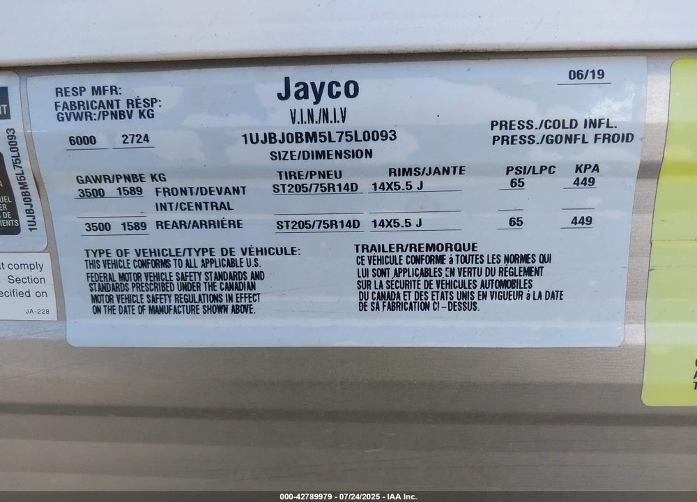 2020 JAYCO JAY FLIGHT VIN: 1UJBJ0BM5L75L0093
