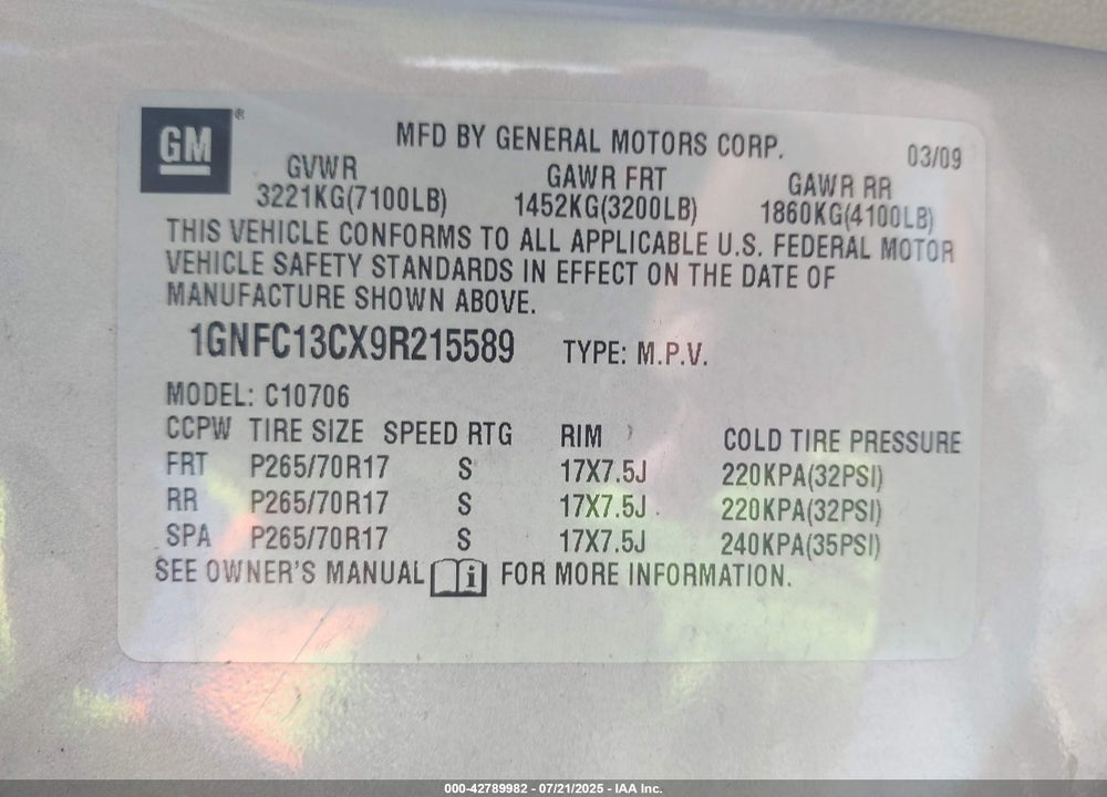 2009 CHEVROLET TAHOE VIN: 1GNFC13CX9R215589