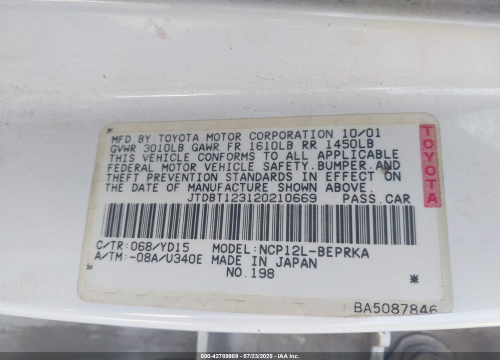 2002 TOYOTA ECHO VIN: JTDBT123120210669