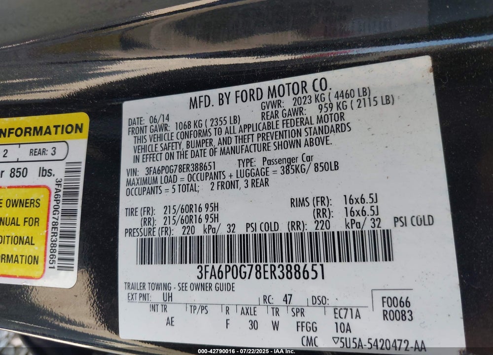 2014 FORD FUSION VIN: 3FA6P0G78ER388651