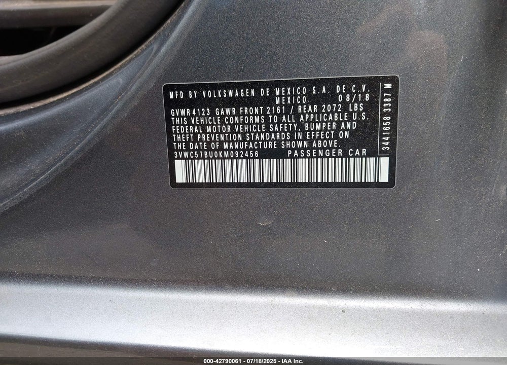 2019 VOLKSWAGEN JETTA VIN: 3VWC57BU0KM092456