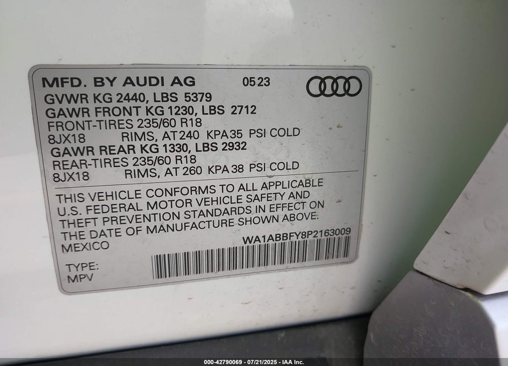 2023 AUDI Q5 PREMIUM 40 TFSI QUATTRO S TRONIC VIN: WA1ABBFY8P2163009