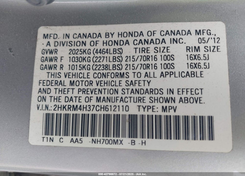2012 HONDA CR-V VIN: 2HKRM4H37CH612110