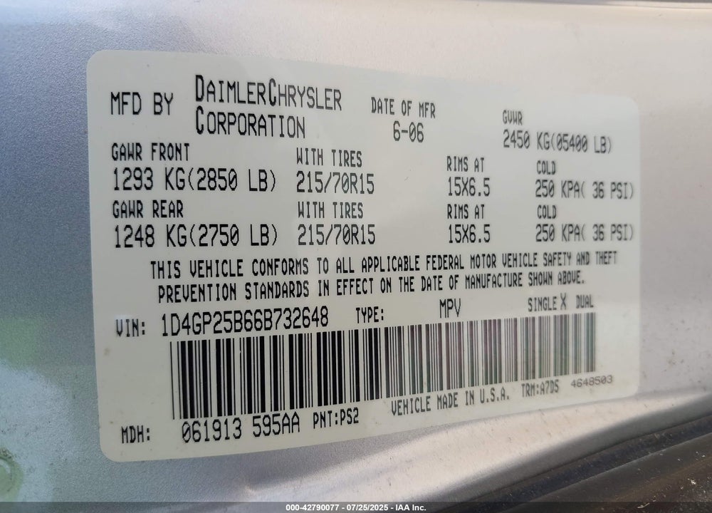 2006 DODGE CARAVAN SE VIN: 1D4GP25B66B732648