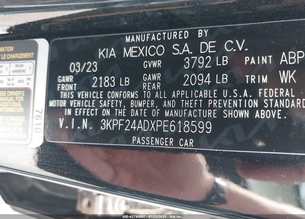 2023 KIA FORTE LXS VIN: 3KPF24ADXPE618599