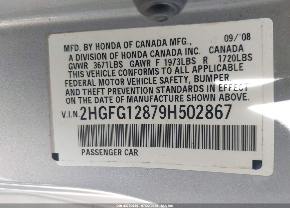 2009 HONDA CIVIC EX VIN: 2HGFG12879H502867