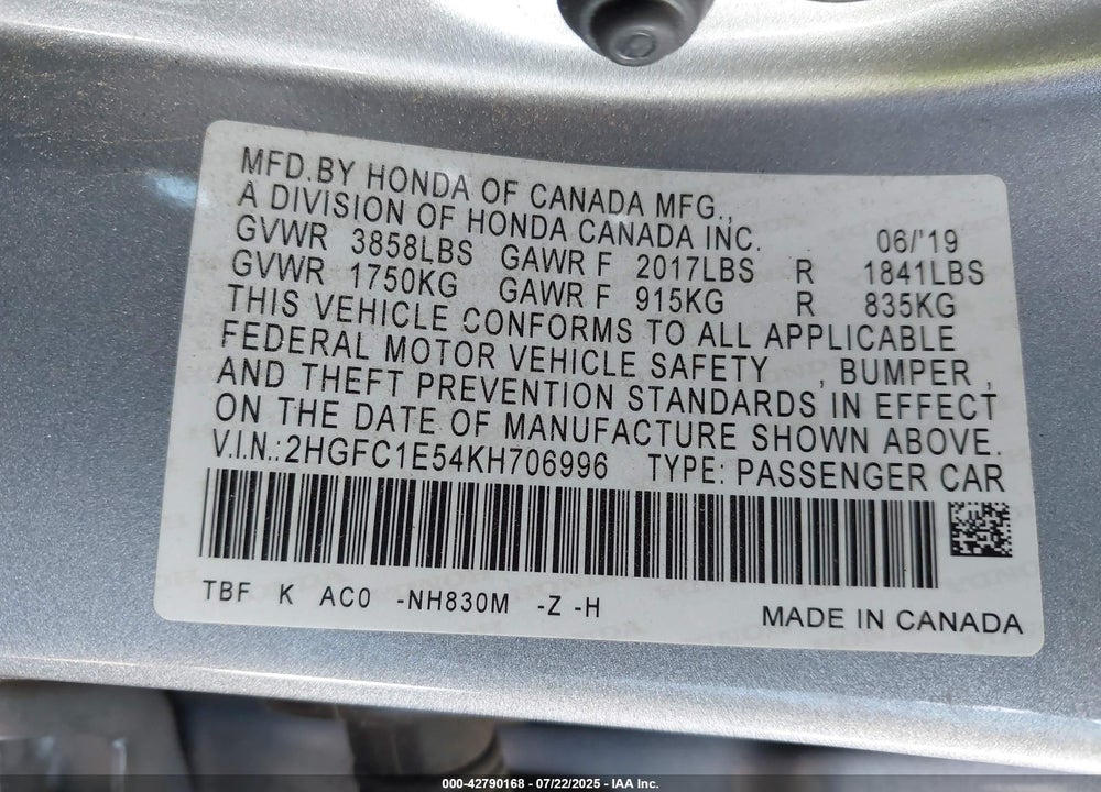 2019 HONDA CIVIC VIN: 2HGFC1E54KH706996