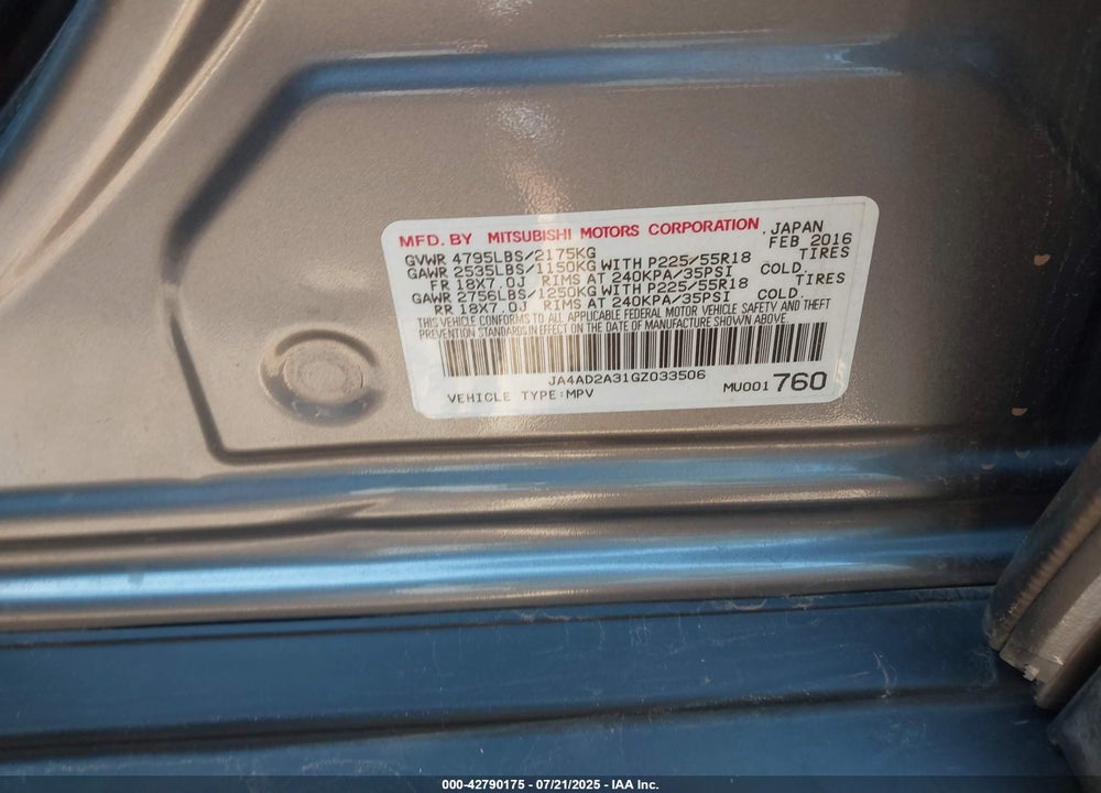2016 MITSUBISHI OUTLANDER VIN: JA4AD2A31GZ033506
