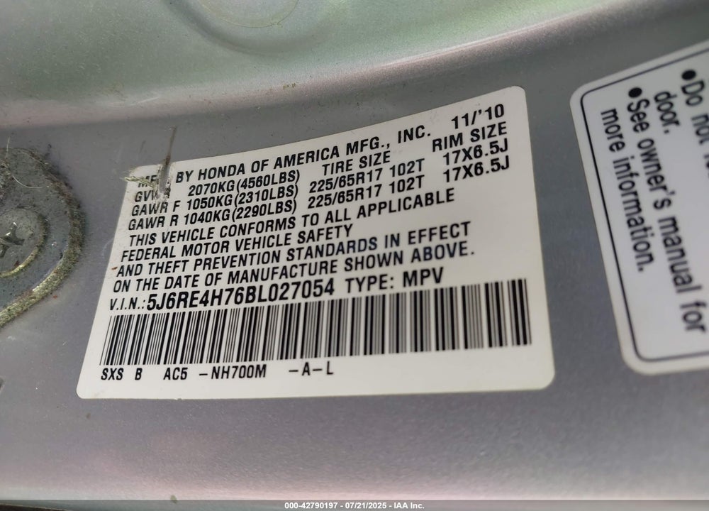 2011 HONDA CR-V VIN: 5J6RE4H76BL027054