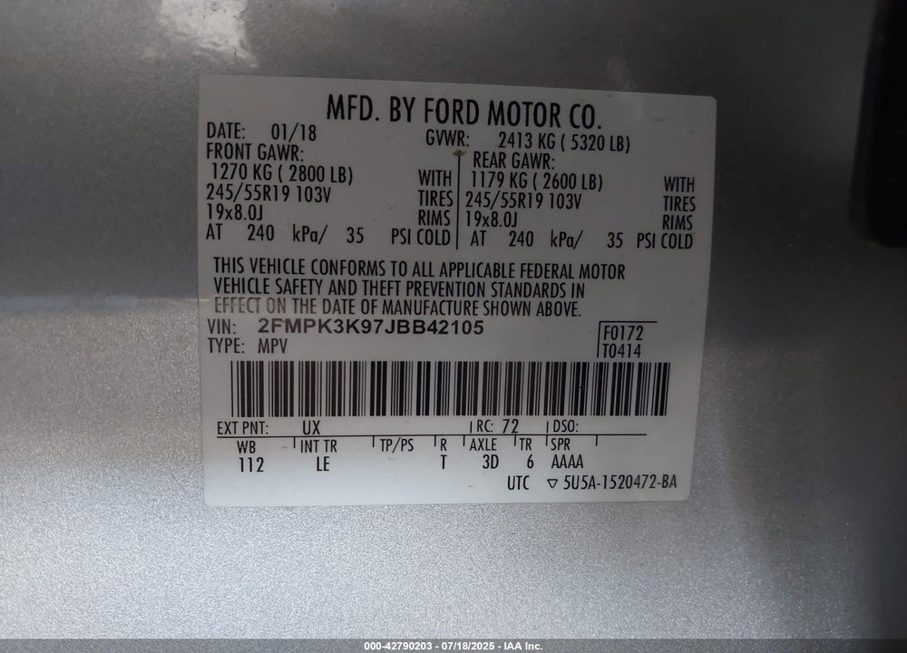 2018 FORD EDGE VIN: 2FMPK3K97JBB42105